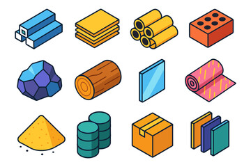 Isometric construction materials icons set: steel, wood, brick, and more