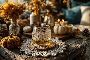 Naklejka premium Rustic wooden table with intricately designed glass of whiskey, crocheted coasters, autumn aesthetics, white pumpkins, warm lighting. Concept of cozy ambiance featuring crocheted coasters.