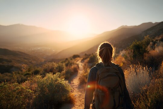 A young woman with a backpack walking alone through a scenic mountain trail during golden hour. Wide shot, lens flare, adventurous tone.