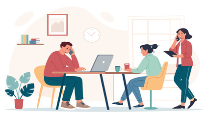 Teamwork in a modern office: Illustration of colleagues collaborating, perfect for business presentations or website banners.