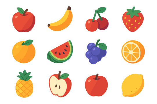 Colorful flat fruit icons featuring apples, bananas, and berries on a white background