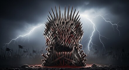 The Epic Iron Throne of Westeros a symbol of ultimate power and a brutal testament to the cost of ambition amid a stormy and war-torn landscape