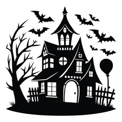 Haunted cartoon castle in a dark forest silhouette with a moonlit sky, perfect for a spooky Halloween night illustration