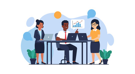 Diverse business team collaborating on project, analyzing growth chart. Ideal for website landing pages, presentations, and marketing materials.