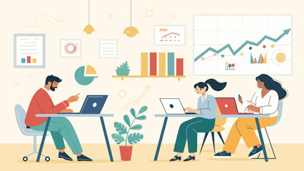 Diverse team collaborating on project, laptops, charts, growth, modern office, website banner, presentation slide