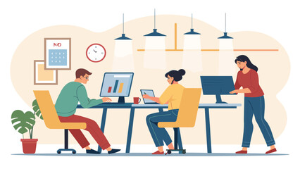 Teamwork in a modern office: Illustration ideal for websites, brochures, and presentations on collaboration.