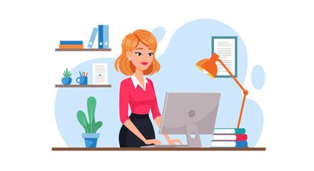 Smiling businesswoman working on computer in modern office. Perfect for website banners, business presentations, and marketing materials.