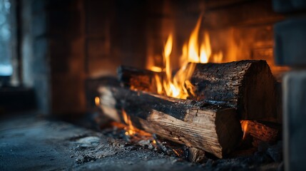 Close up of burning firewood inside fireplace with warm glowing flames