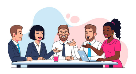 Diverse business team collaborating around a laptop, ideal for website banners or presentations.