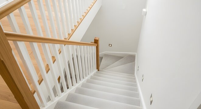 Modern light-filled staircase with white walls and carpeted steps featuring wooden handrails and balusters