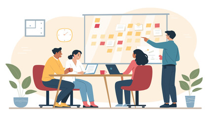 Diverse team brainstorming, collaborating around a table with sticky notes on a whiteboard. Perfect for presentations on teamwork, project management, or agile methodologies.
