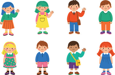 Adorable Cartoon Kids with Diverse Outfits and Friendly Expressions, Perfect for Children's Illustrations and Fun Designs flat vector illustration