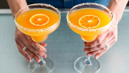 Two Delicious Orange Margaritas Garnished With Fresh Orange Slices Ready To Be Enjoyed