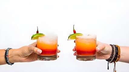 Two refreshing layered cocktails garnished with lime and chili peppers being raised in a toast against a bright white background