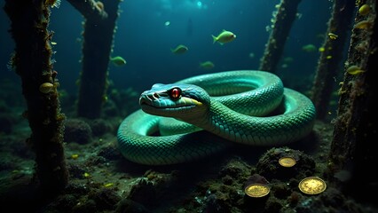 A striking green sea serpent with glowing red eyes coils elegantly amidst submerged wooden pilings and small schooling fish in a dimly lit underwater scene