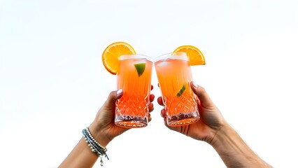 Two refreshing orange cocktails are being toasted against a clear bright sky with an orange slice garnish and a lime wedge