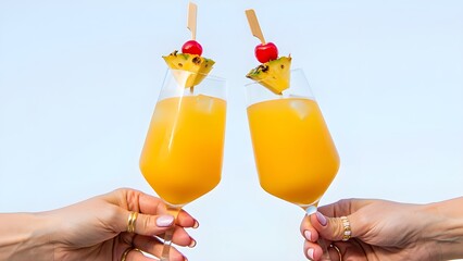 Cheers to a Refreshing Summer with Tropical Pineapple Drinks Garnished with Cherries and Pineapple Chunks on a Bright Sunny Day
