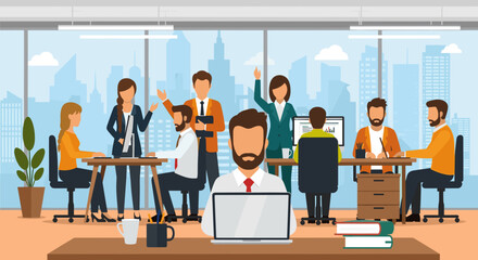 Diverse team of business professionals collaborating in a modern office with a city view. Ideal for websites, presentations, and brochures.