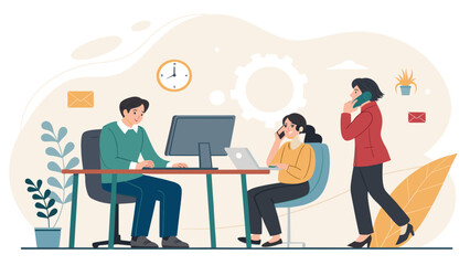 Teamwork in a modern office: Illustration perfect for websites, presentations, and brochures.