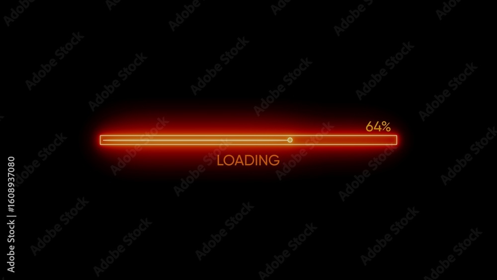 Poster neon orange glowing loading progress bar on a black background with percentage indicator