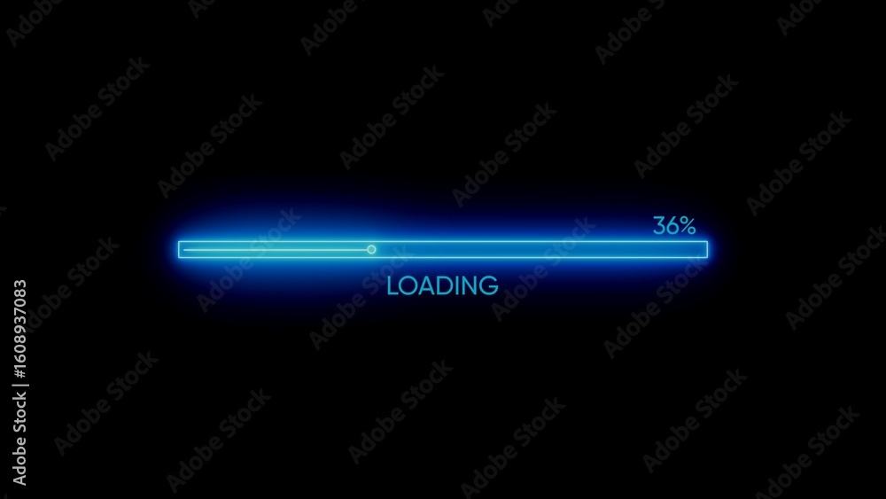 Poster glowing blue neon progress bar with loading indicator on a dark black background