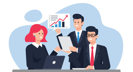 Business team collaboration, growth chart, laptop, tablet - perfect for website landing page or presentation.