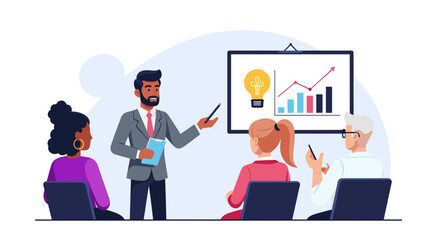 Business presentation: Diverse team listening to speaker's ideas and growth chart, ideal for landing page or brochure.