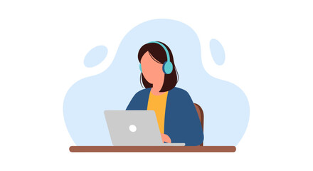 Woman with headphones working on laptop - perfect for websites, blogs, and presentations about remote work, communication, or online learning.