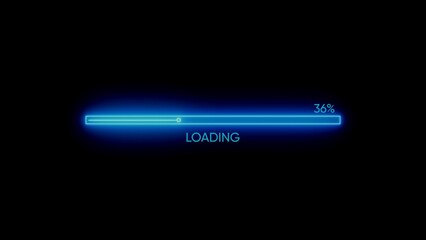 Glowing blue neon progress bar with loading indicator on a dark black background