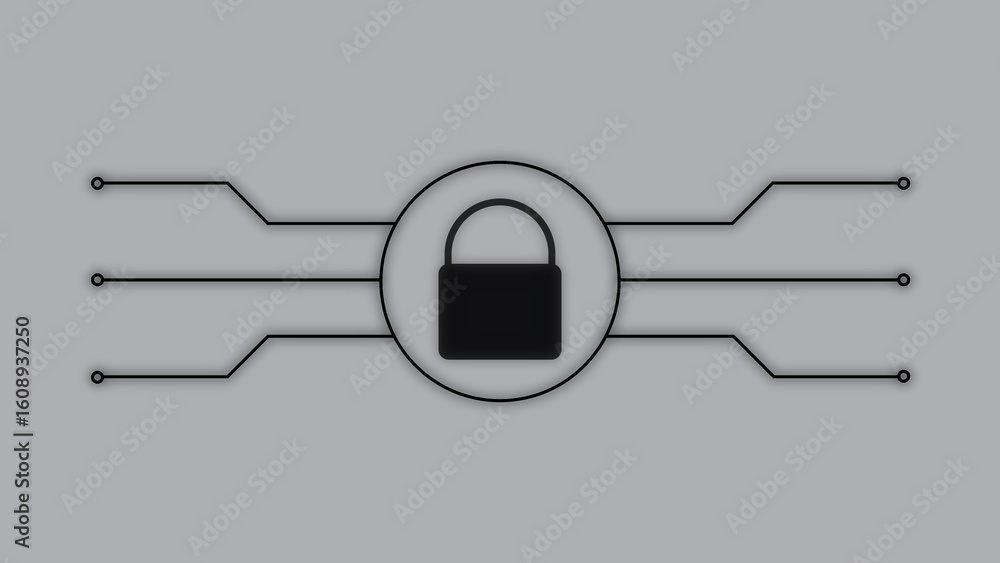 Poster digital security concept featuring a black padlock enclosed within a circuit board design