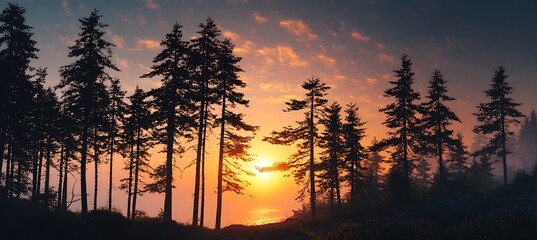 Morning sky radiates warm hues above peaceful ocean waves and towering woodland trees