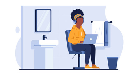 Woman working on laptop in bathroom, ideal for articles on remote work, work-life balance, or multitasking.