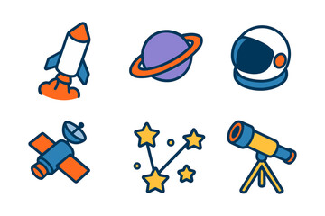 Playful space icons: planets, rocket, helmet, telescope, satellite, stars