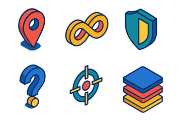 Colorful isometric icons set featuring map marker, infinity, shield, question mark, target, and layers