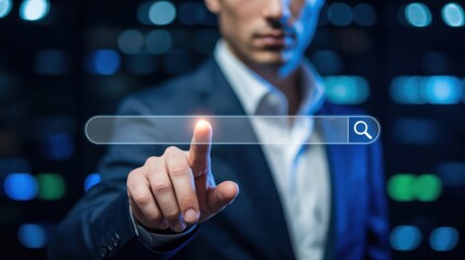 Businessman interacting with a glowing search bar on a futuristic digital interface