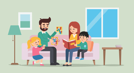 Happy family spending quality time together at home, perfect for family blogs, parenting websites, or children's book illustrations.