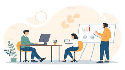 Business team collaboration: colleagues working together on project, analyzing data and charts. Ideal for presentations, reports, and website landing pages.