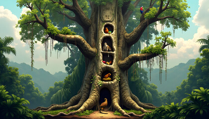 Fototapeta premium Enchanted Tree Home: A whimsical tree dwelling with birds and nests in a lush forest