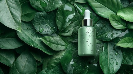Green Serum Bottle on Dewy Leaves