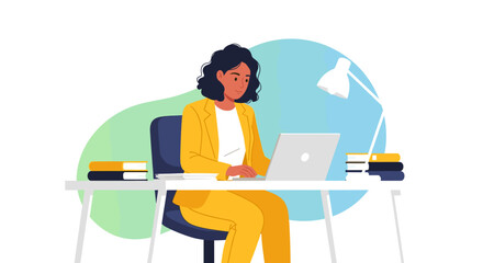 Woman working on laptop at desk, perfect for website banners or business presentations.