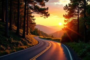 Fototapeta premium Scenic Winding Road Through a Forest at Sunset, Bathed in Golden Light and Shadows