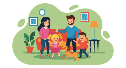 Happy family with kids and dog at home, perfect for family blogs, parenting websites, or children's book illustrations.