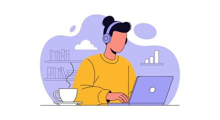 Person working on laptop with headphones, perfect for website banners or blog posts about remote work.