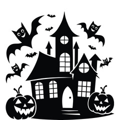 A spooky cartoon Halloween night vector illustration featuring a haunted house, moon, bats, and scary pumpkins under a dark autumn sky