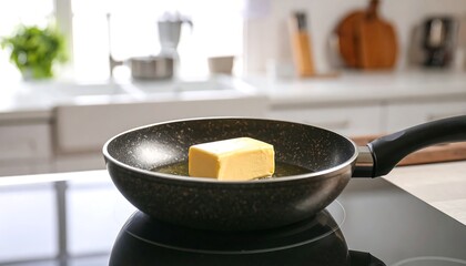 A block of butter melts in a dark speckled pan on a glass-top stove