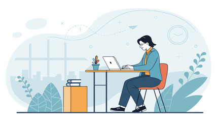 Person working on laptop in modern office, ideal for website banners and business presentations.