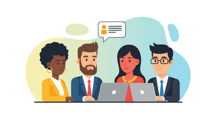Diverse business team collaborating on laptops, ideal for website banners or presentations.
