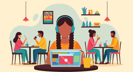 Woman working on laptop in cafe, surrounded by other patrons enjoying drinks. Ideal for blog posts about remote work or co-working spaces.