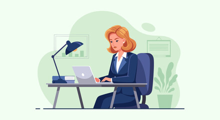 Businesswoman working on laptop at desk, perfect for website banners or brochures.