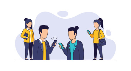 Illustration of young professionals using smartphones, ideal for business websites and marketing materials.